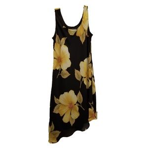 Black Sleeveless Floral Dress with Diagonal Hem